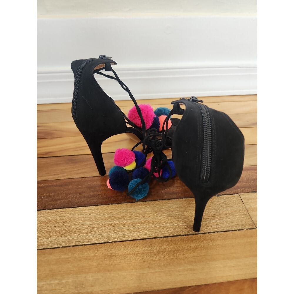 Express Stiletto Heel Strappy Peep Toe Black Colorful Pom Poms Sexy Sandals 10 - Picture 4 of 5